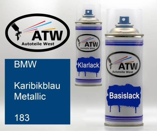 BMW, Karibikblau Metallic, 183: 400ml Sprühdose + 400ml Klarlack - Set, von ATW Autoteile West.